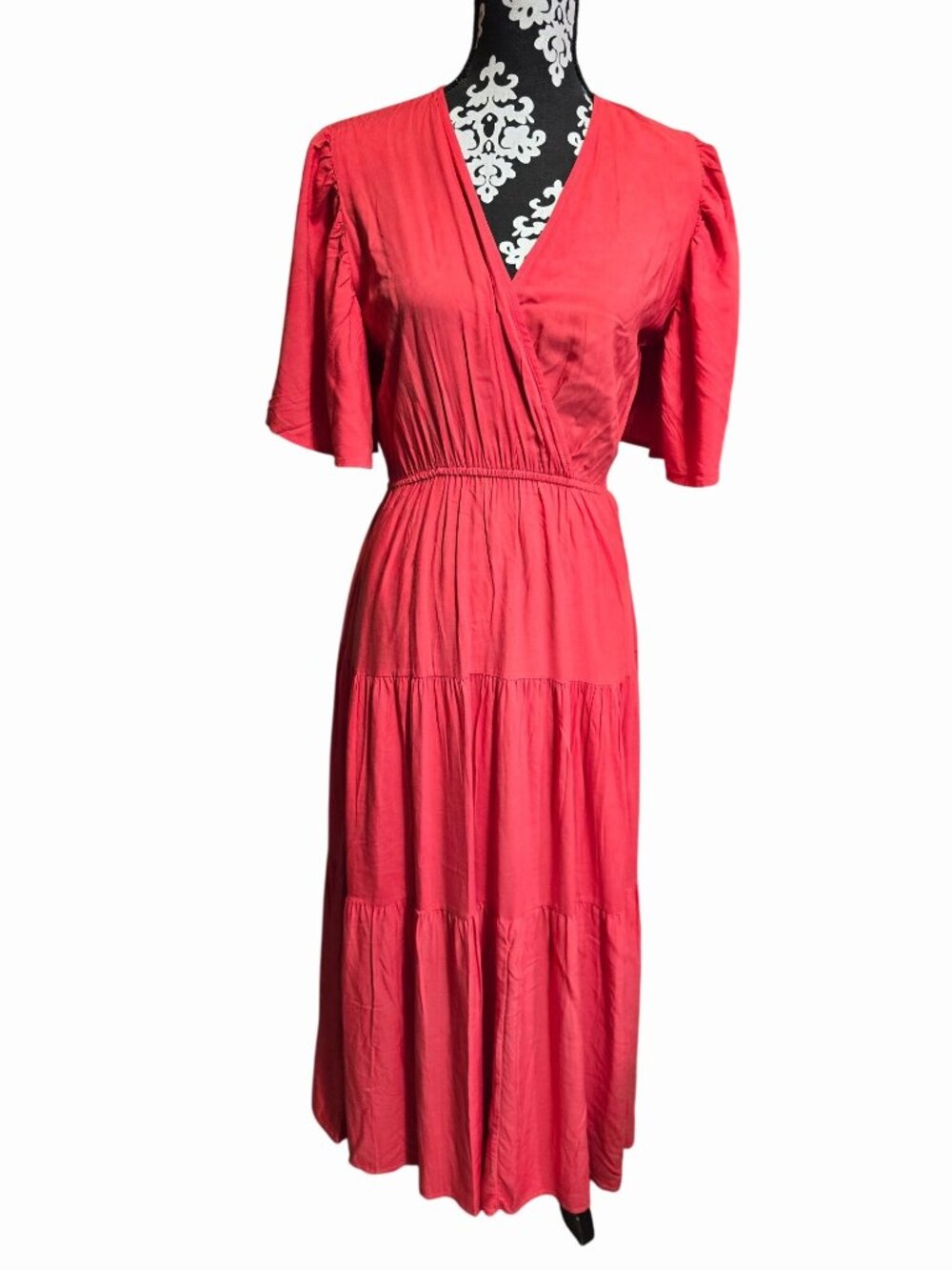 R Vivimos Small Red Coral Tiered Midi Dress With Flutter Sleeves Boho